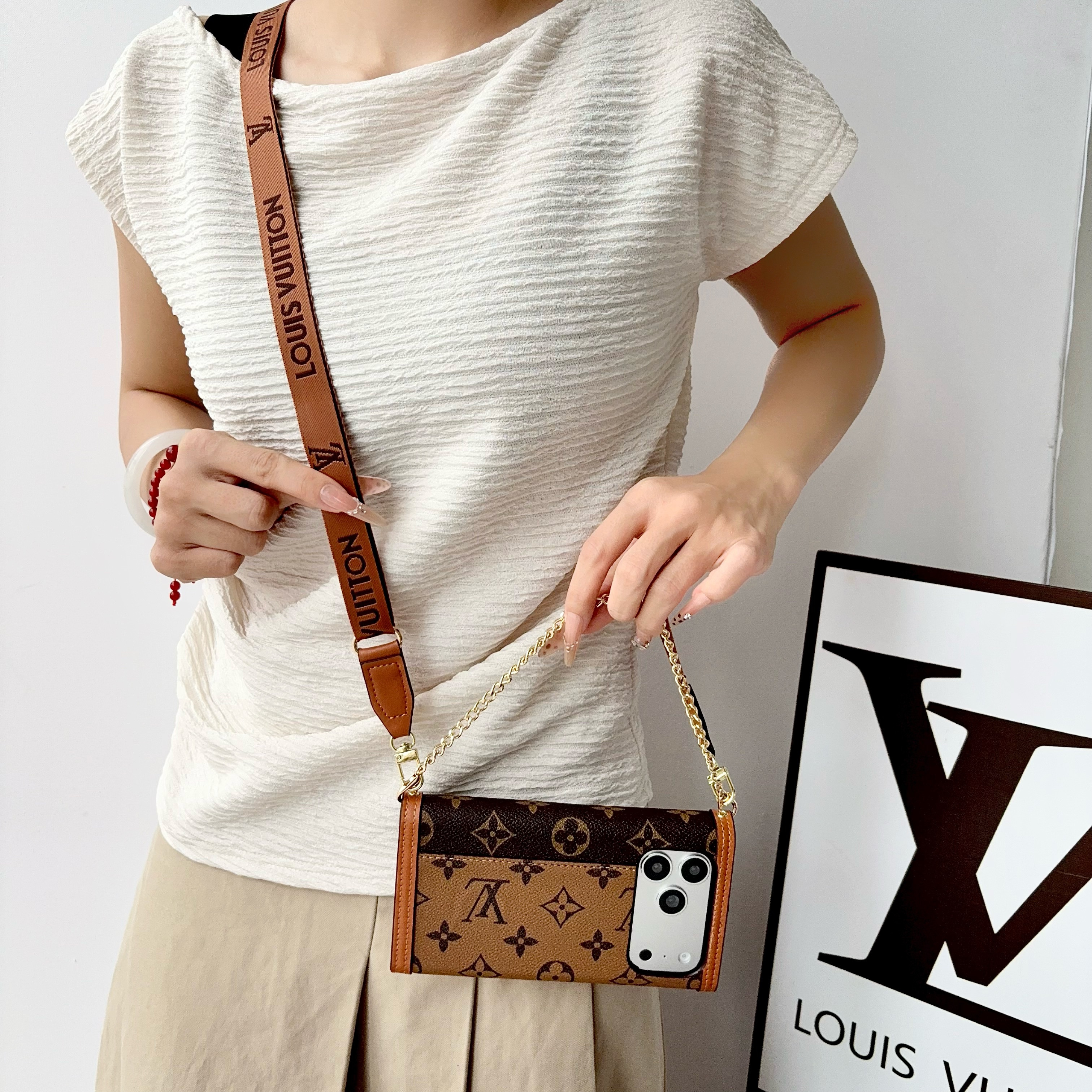 Premium Leather Monogram iPhone Case With Flip Wallet And Crossbody Strap-GELV219