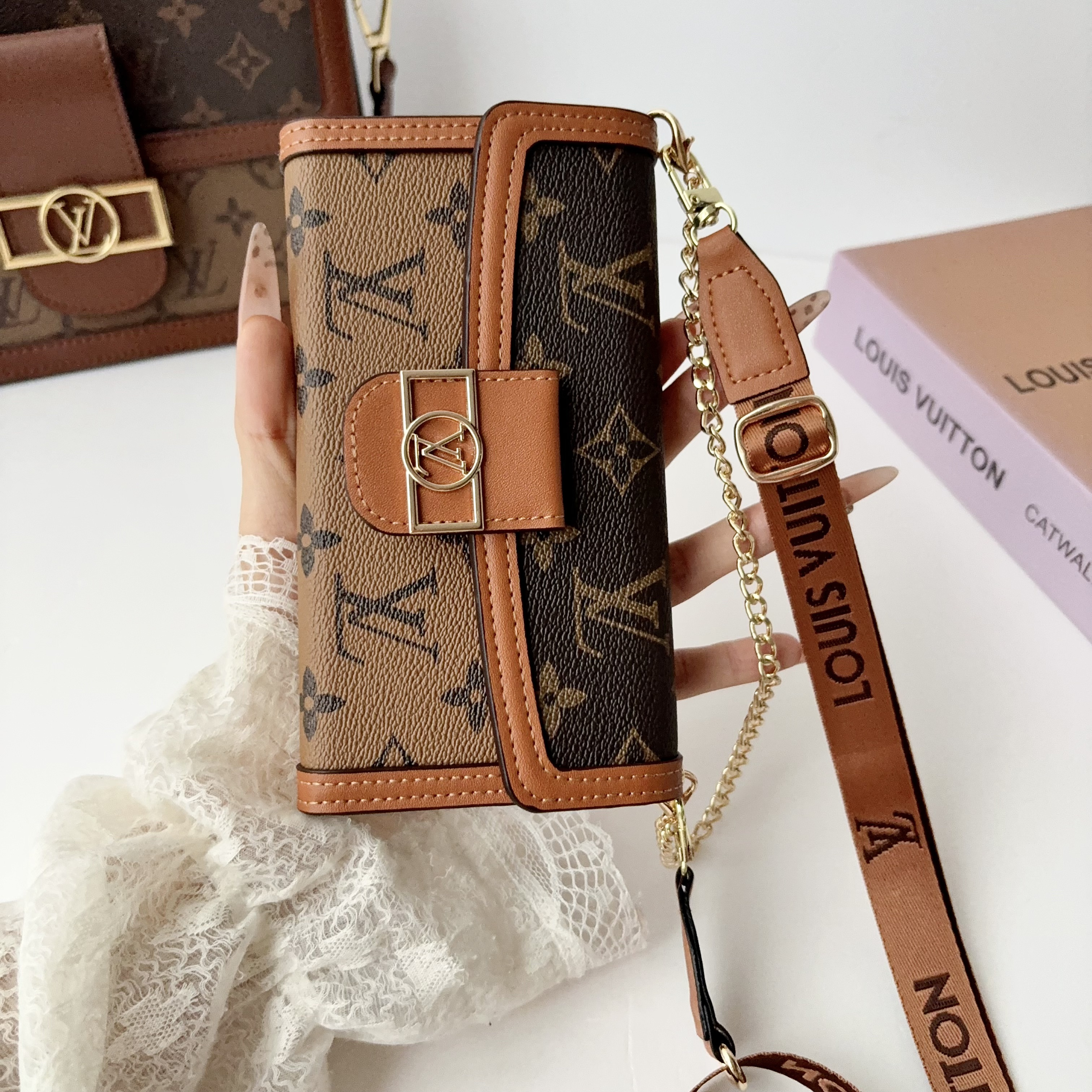 Premium Leather Monogram iPhone Case With Flip Wallet And Crossbody Strap-GELV219
