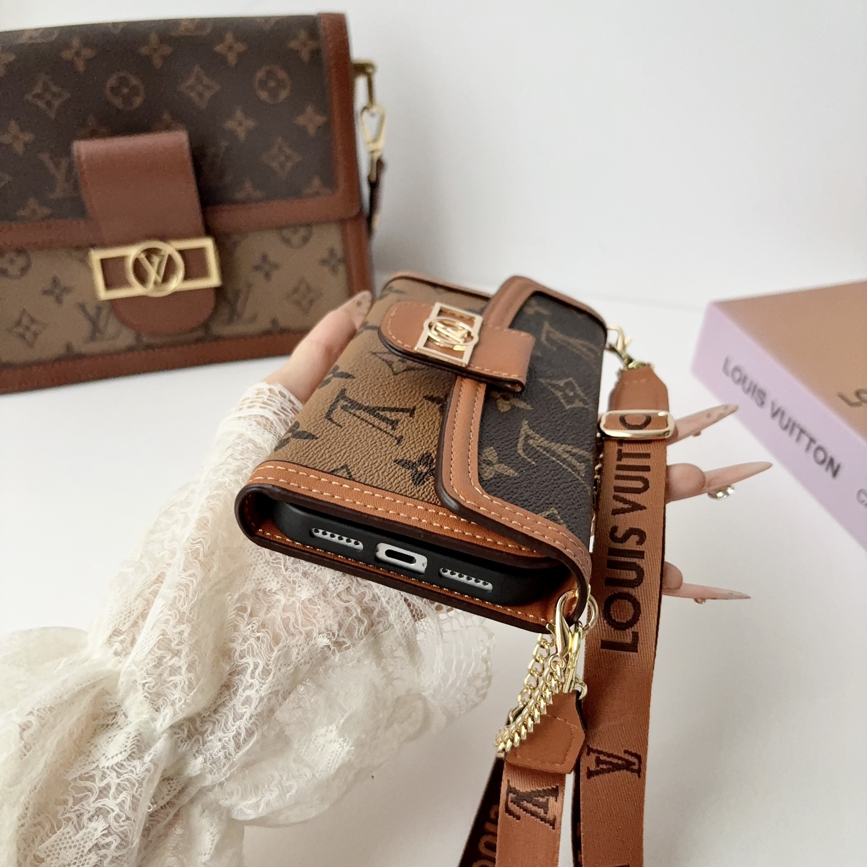Premium Leather Monogram iPhone Case With Flip Wallet And Crossbody Strap-GELV219