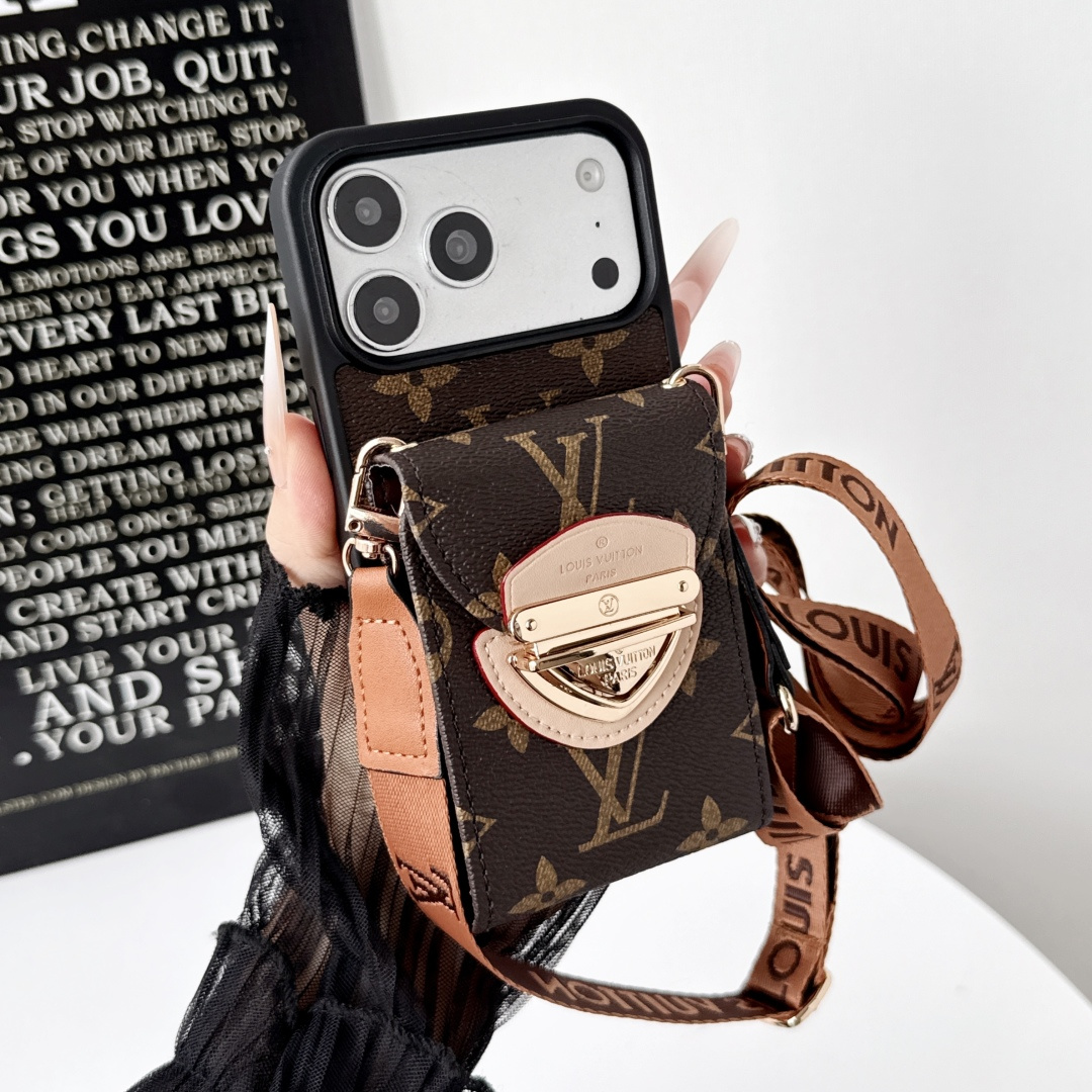 Premium Leather Monogram iPhone Case With Card Holder And Crossbody Strap For iPhone 17 Series-GELV242
