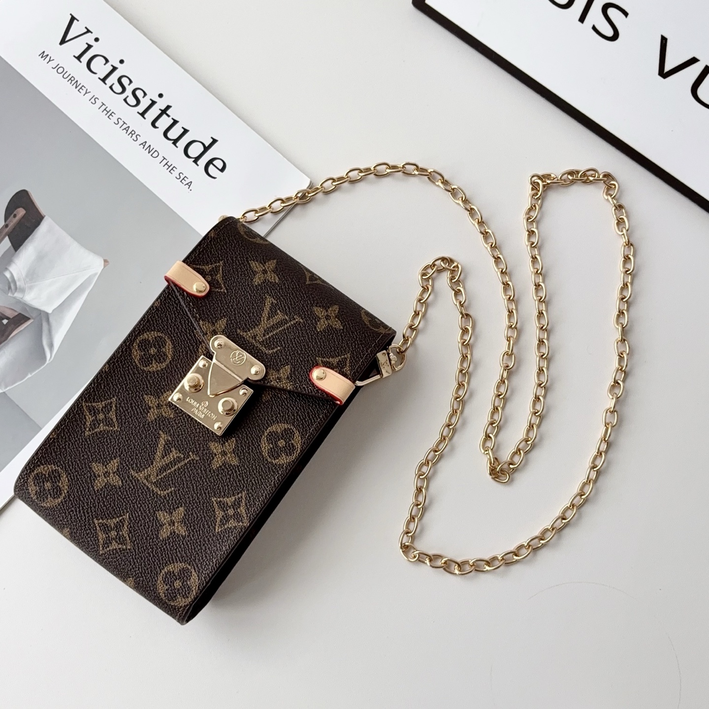 Premium Leather Monogram Phone Pouch with Gold Chain Strap-GELV254