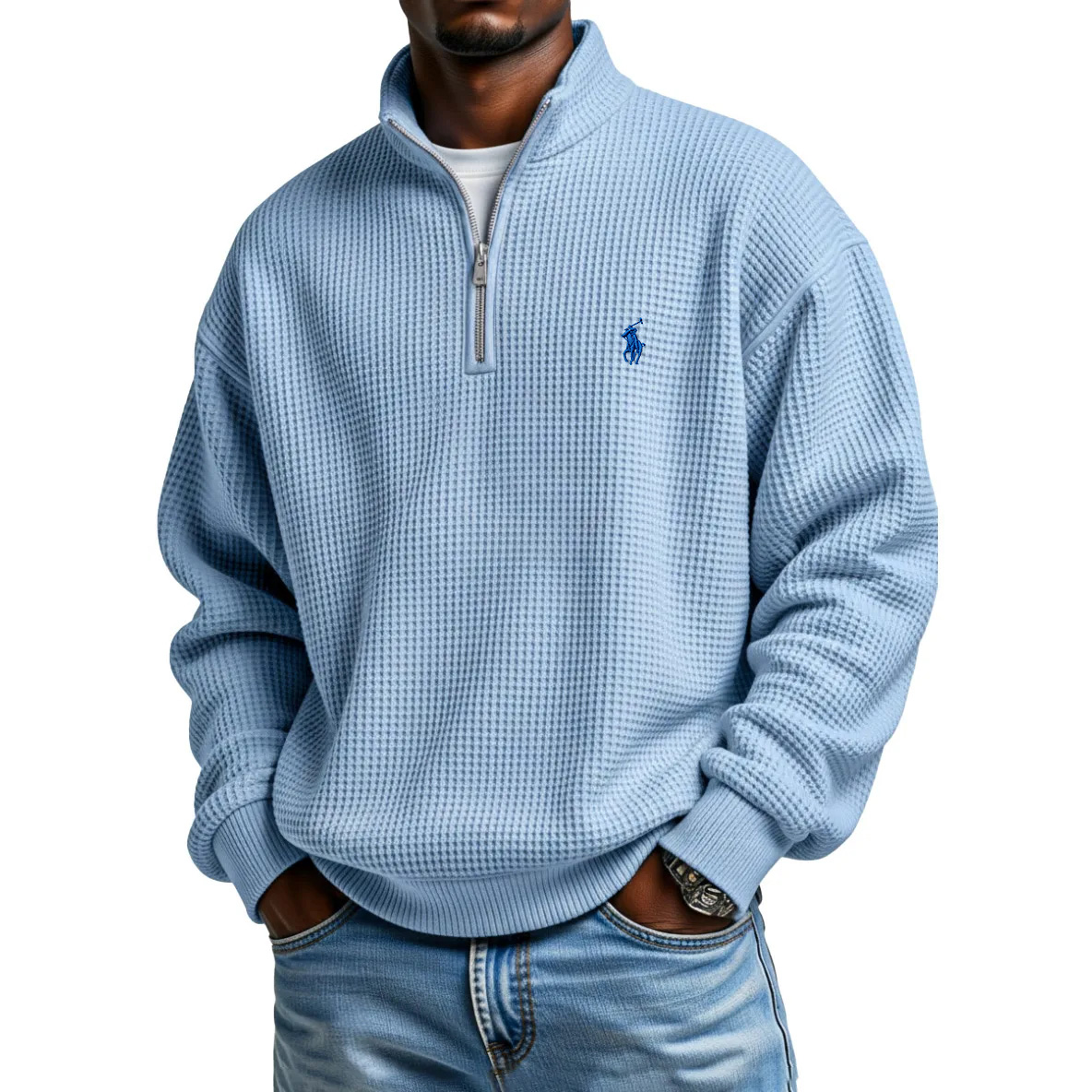  Waffle Half-zip Stand Collar Long Sleeved Polo Shirt