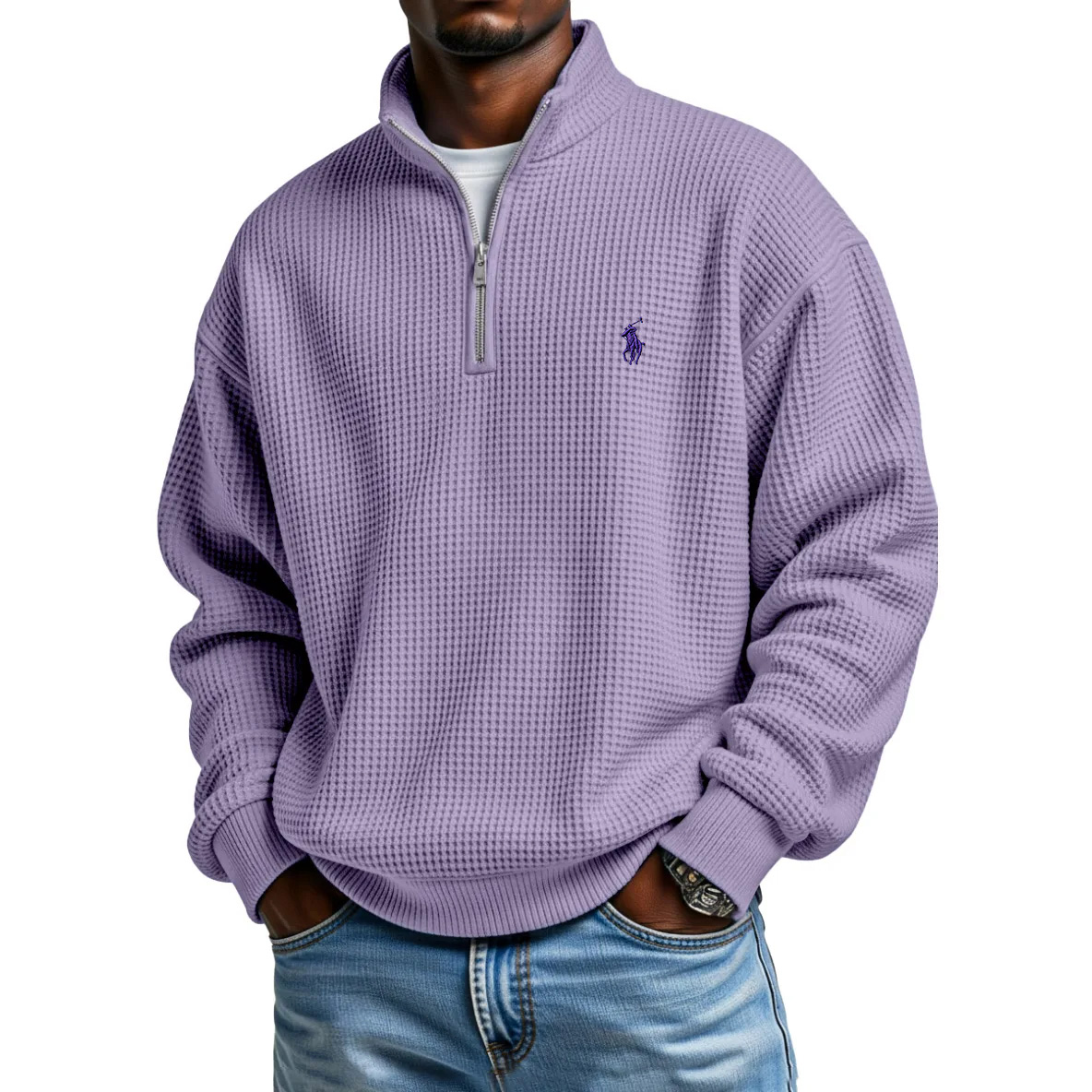  Waffle Half-zip Stand Collar Long Sleeved Polo Shirt