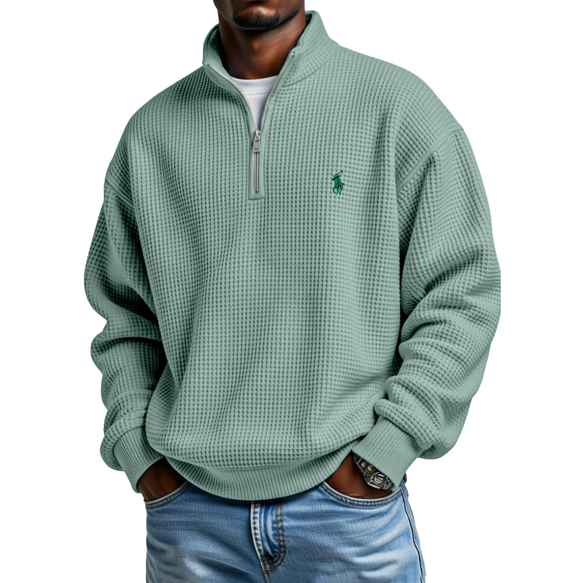  Waffle Half-zip Stand Collar Long Sleeved Polo Shirt
