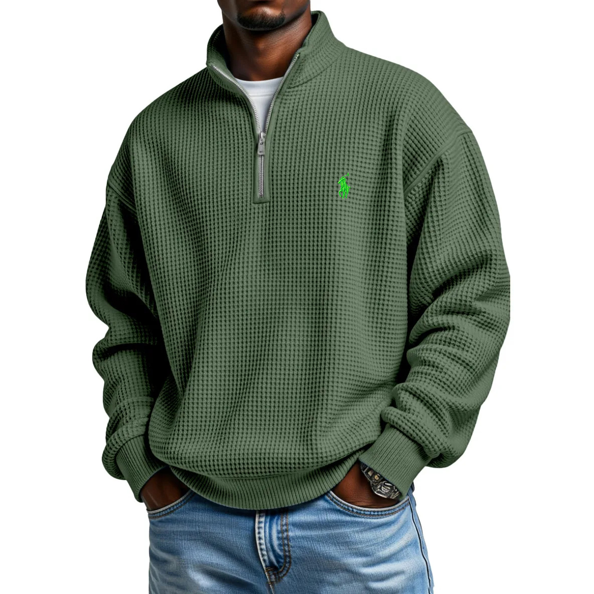  Waffle Half-zip Stand Collar Long Sleeved Polo Shirt