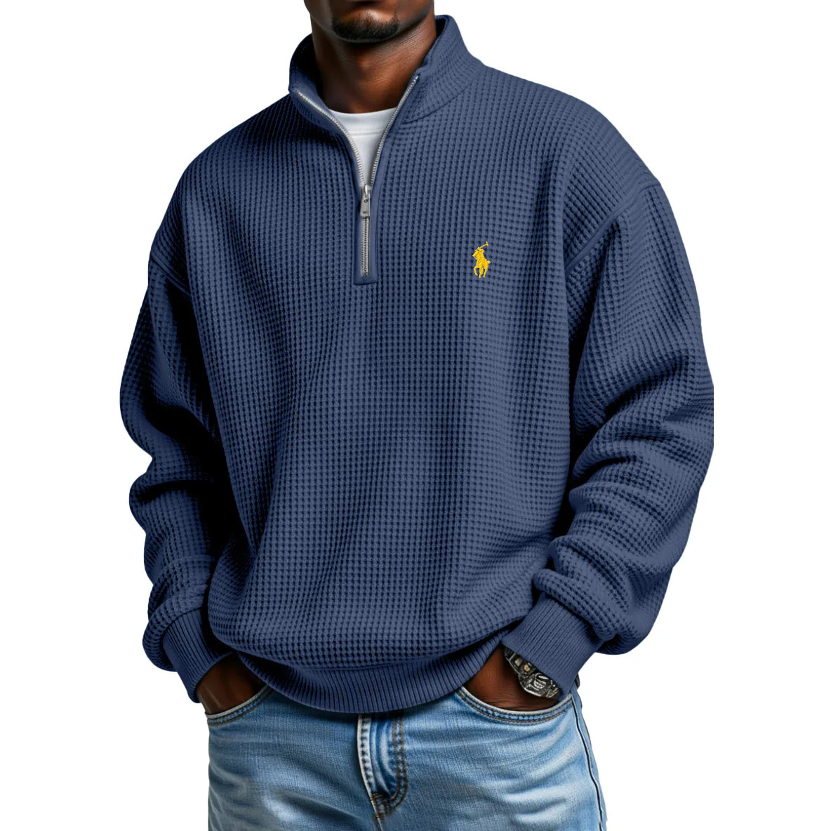  Waffle Half-zip Stand Collar Long Sleeved Polo Shirt