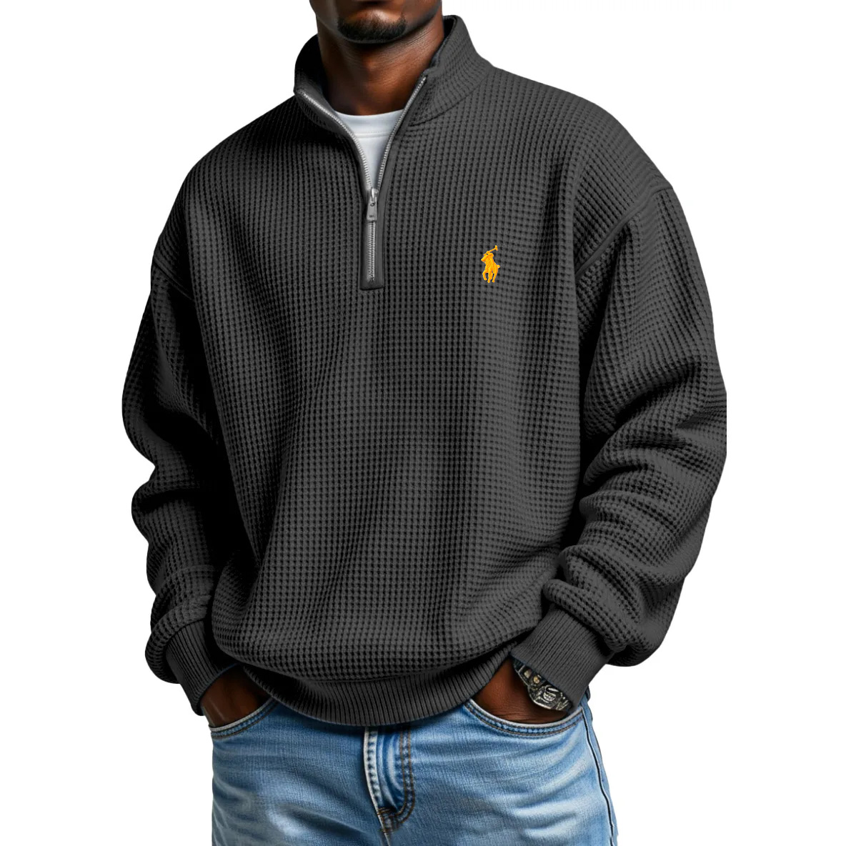  Waffle Half-zip Stand Collar Long Sleeved Polo Shirt