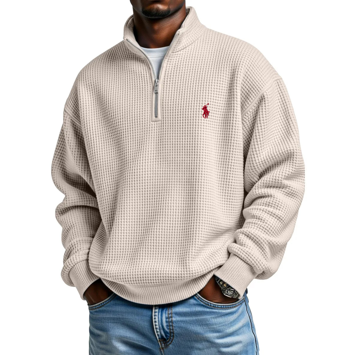 Waffle Half-zip Stand Collar Long Sleeved Polo Shirt