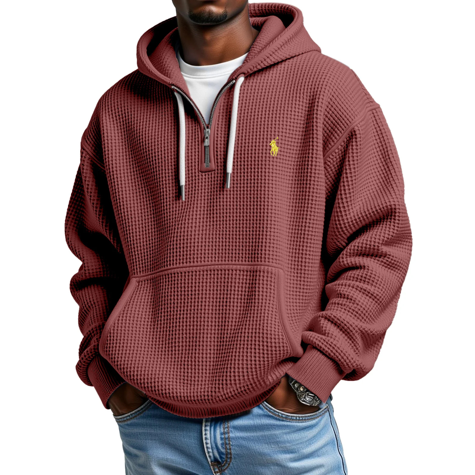 Ralph Lauren® Solid Color Waffle Zipper Long Sleeve Hooded Sweatshirt