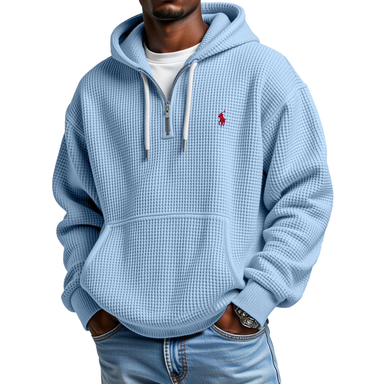 Ralph Lauren® Solid Color Waffle Zipper Long Sleeve Hooded Sweatshirt
