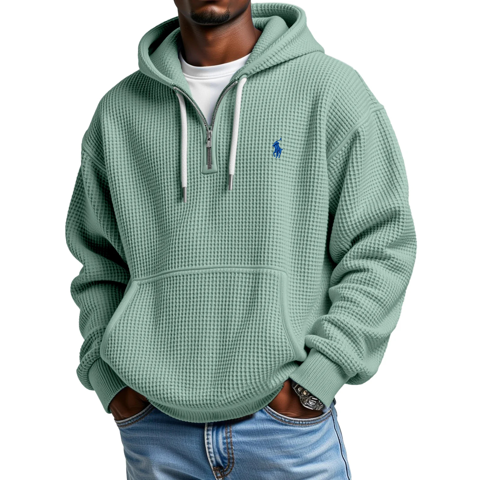 Ralph Lauren® Solid Color Waffle Zipper Long Sleeve Hooded Sweatshirt