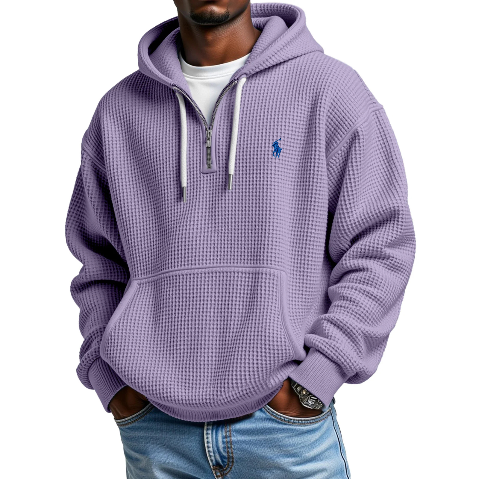 Ralph Lauren® Solid Color Waffle Zipper Long Sleeve Hooded Sweatshirt