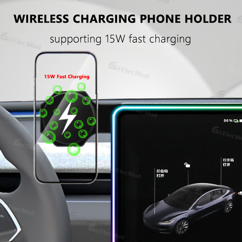 ElecMod Center Control Screen Streaming RGB Ambient Light with Wireless Charging Phone Holder For Tesla Model 3/Y 