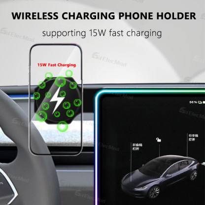 ElecMod Center Control Screen Streaming RGB Ambient Light with Wireless Charging Phone Holder For Tesla Model 3/Y 