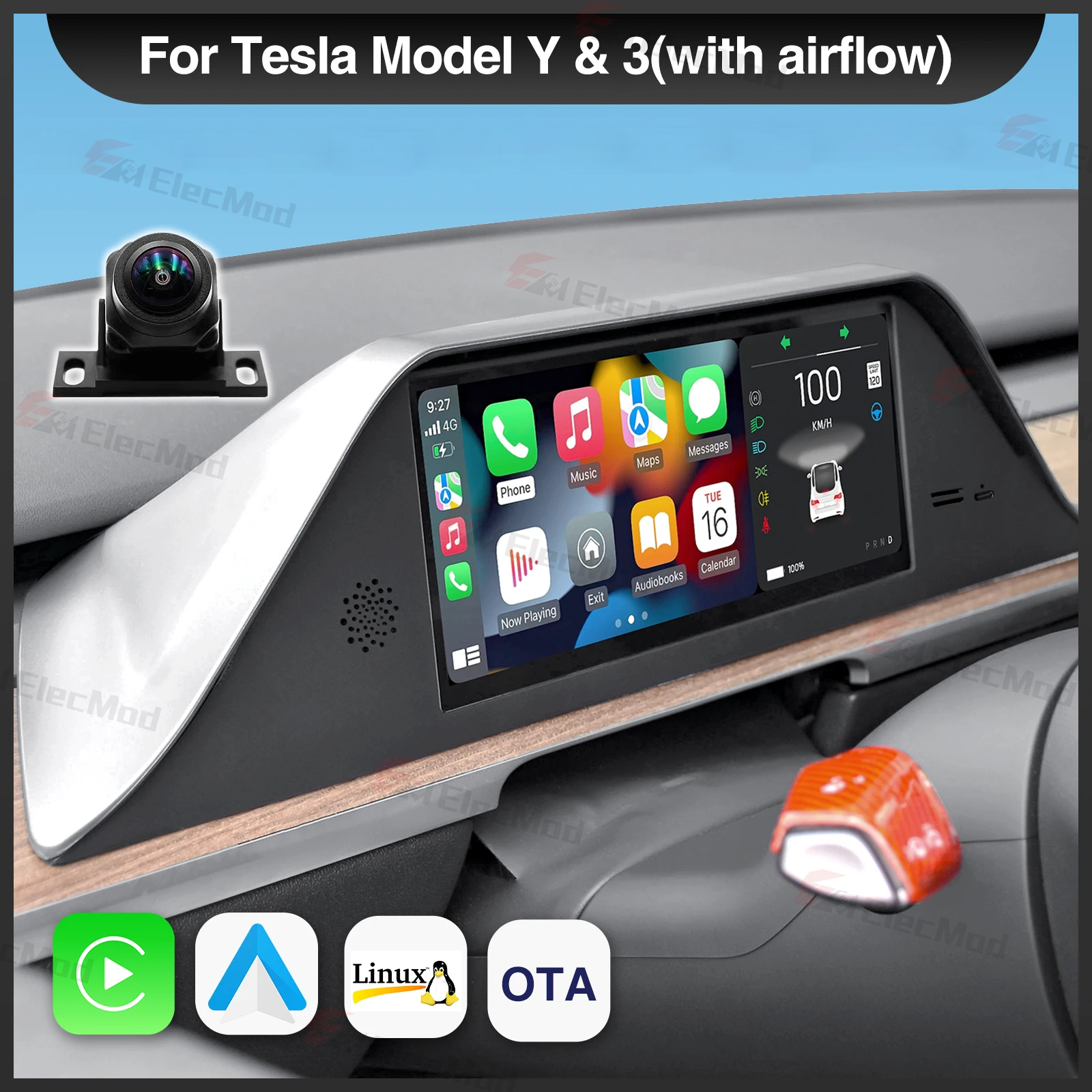 ElecMod M9 9-inch Intelligent Dashboard CarPlay Display for Tesla Model 3/Y - Inspired by Model S/X Design