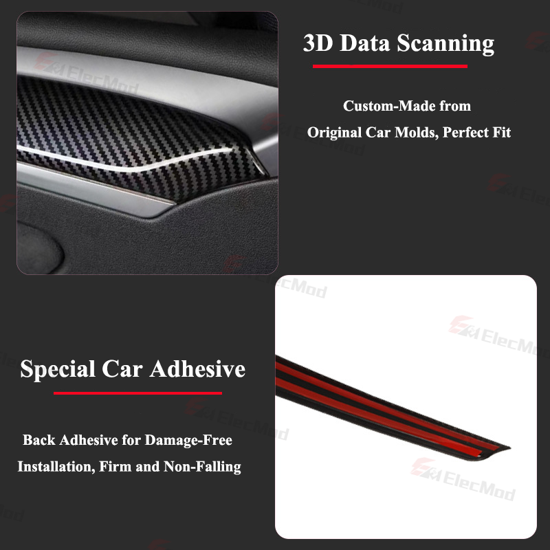 ElecMod ABS Carbon Fiber Pattern Dash Cap & Front Door Trim Panel Cover for Tesla Model 3/Y