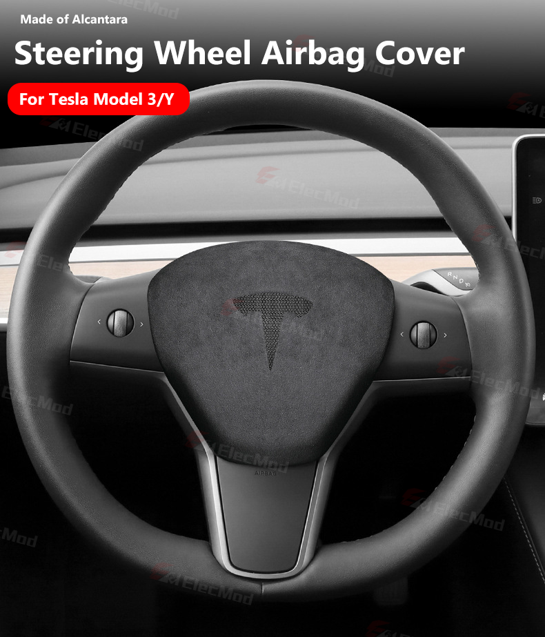 ElecMod Alcantara Tesla Steering Wheel Airbag Trim Cover for Model 3/Y
