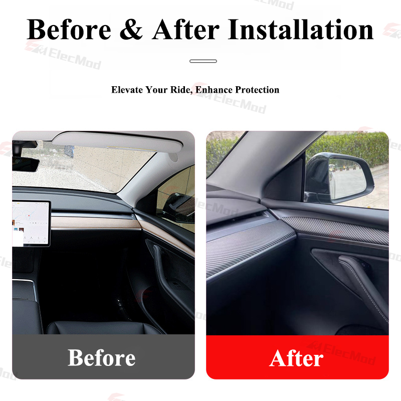 ElecMod ABS Carbon Fiber Pattern Dash Cap & Front Door Trim Panel Cover for Tesla Model 3/Y