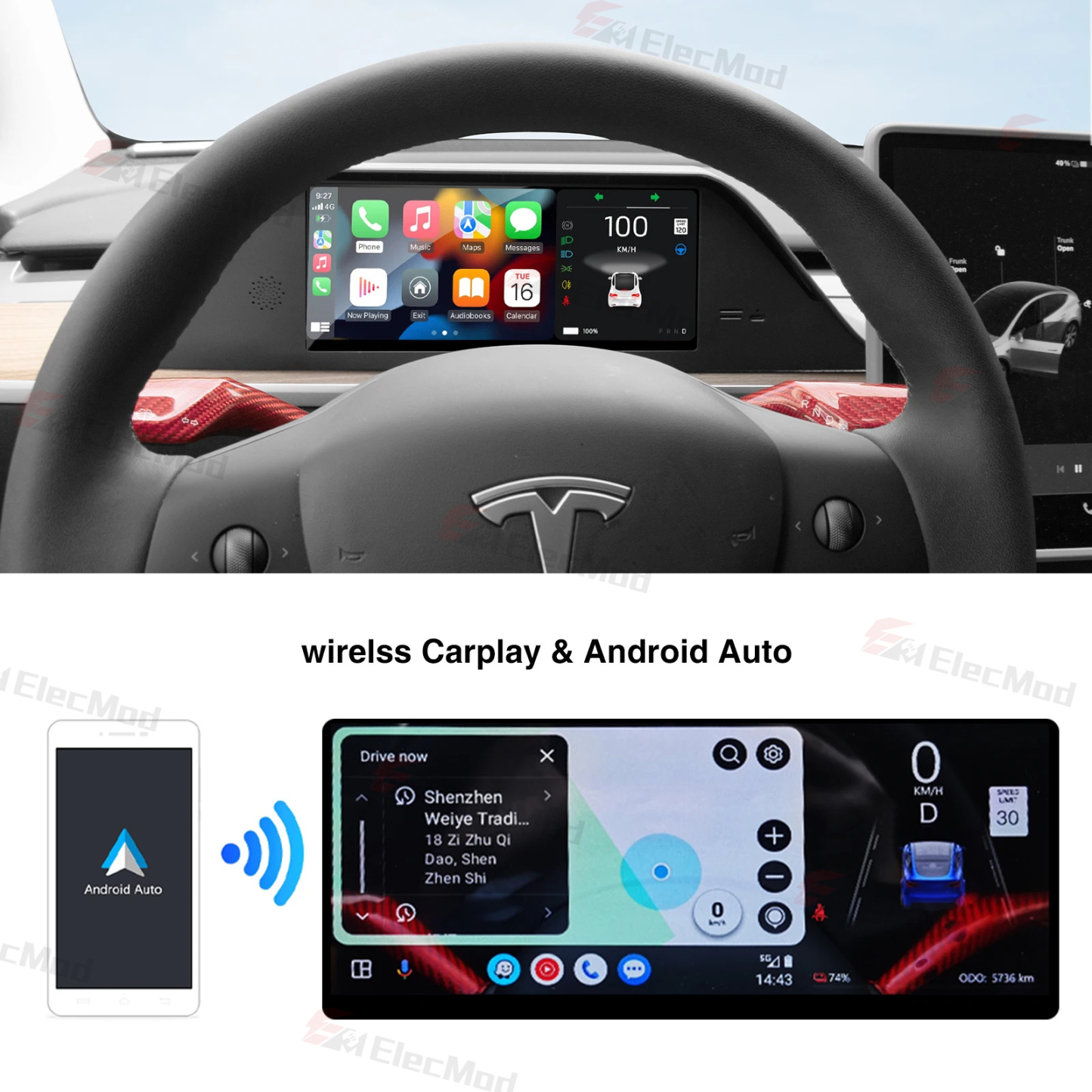 ElecMod M9 9-inch Intelligent Dashboard CarPlay Display for Tesla Model 3/Y - Inspired by Model S/X Design