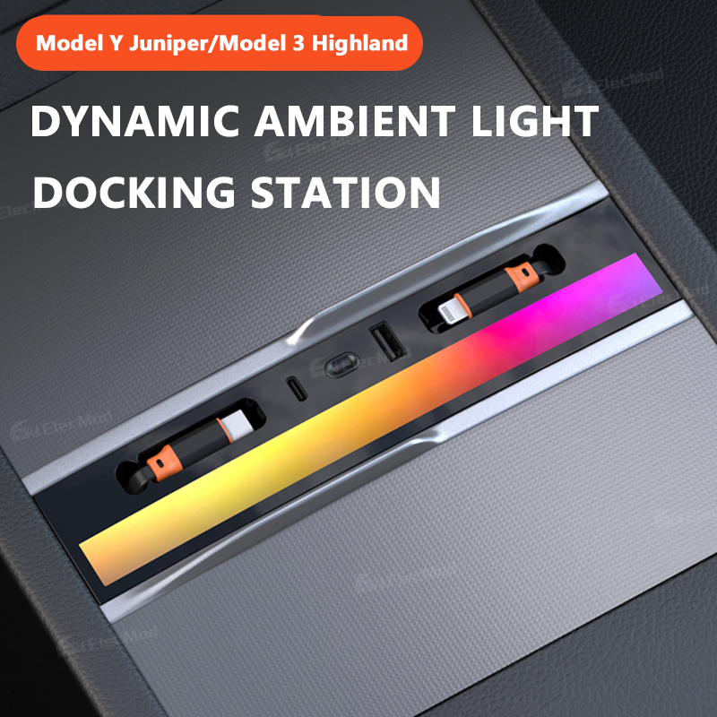 ElecMod USB HUB Center Console Adapter Docking Station With Ambient Light For Model Y Juniper/Model 3 Highland