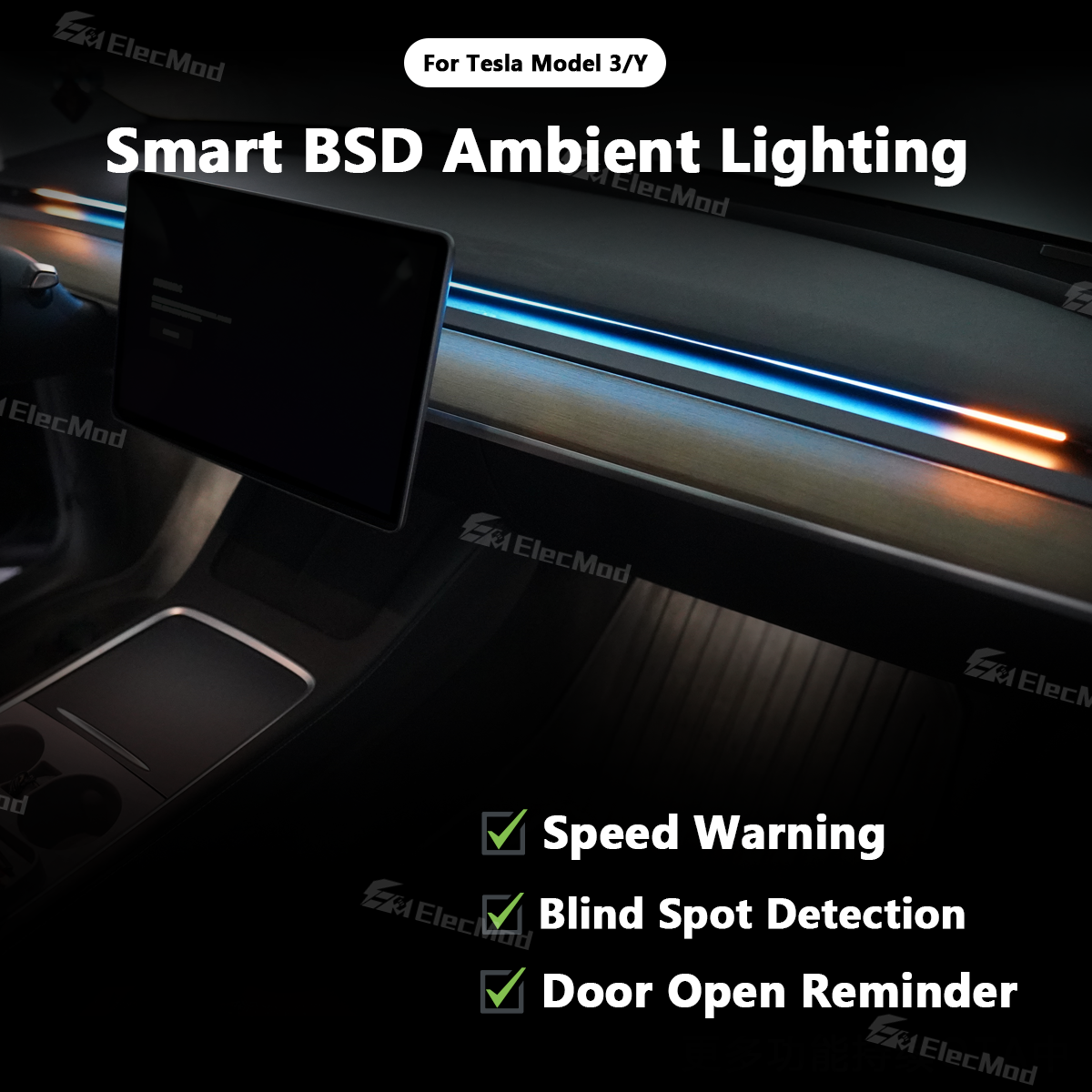 ElecMod BSD Blind Spot Detection Smart Ambient Lighting System For Model 3/Y/3 Highland/ Y Juniper