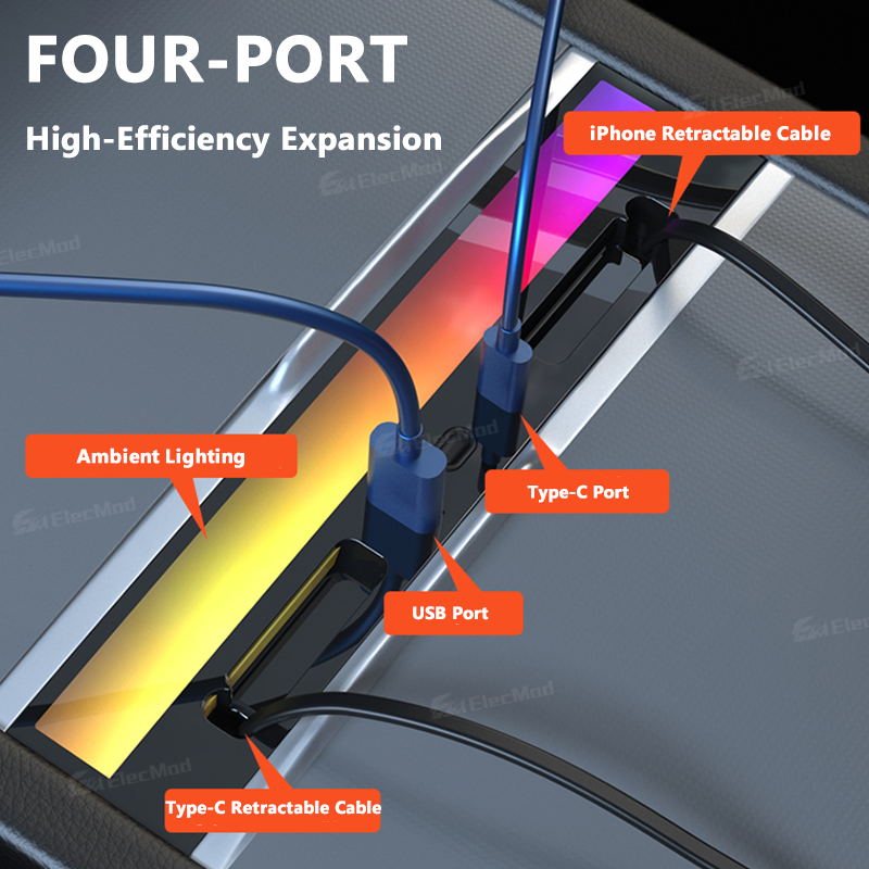 ElecMod USB HUB Center Console Adapter Docking Station With Ambient Light For Model Y Juniper/Model 3 Highland