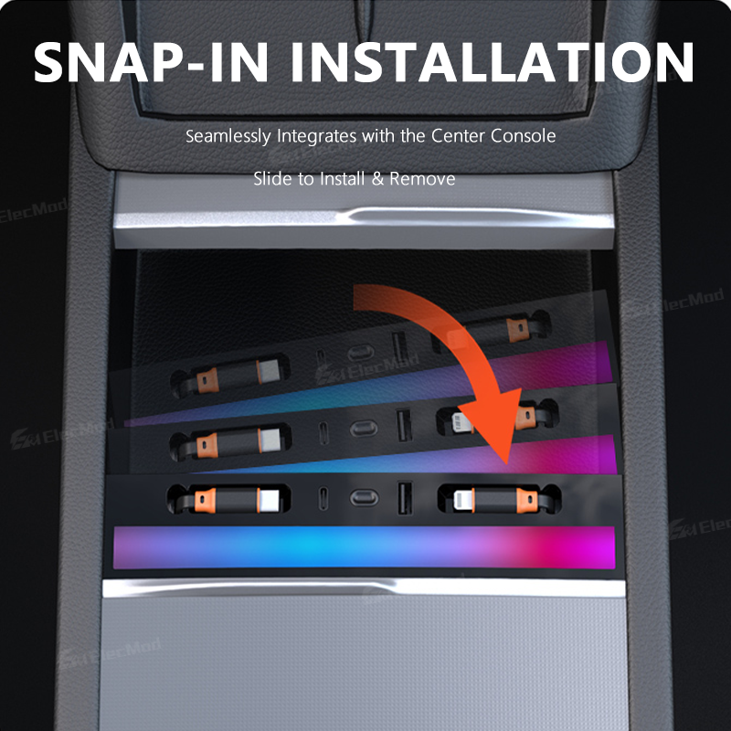 ElecMod USB HUB Center Console Adapter Docking Station With Ambient Light For Model Y Juniper/Model 3 Highland