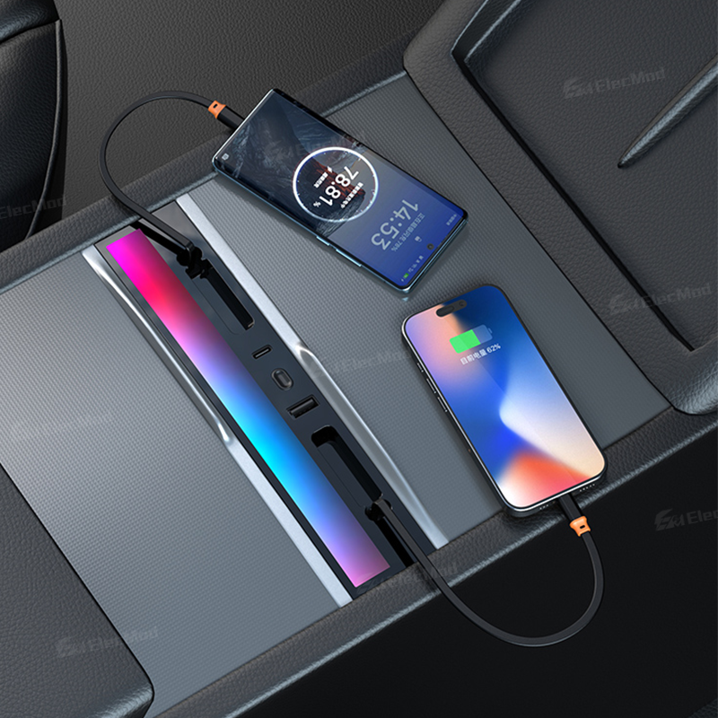 ElecMod USB HUB Center Console Adapter Docking Station With Ambient Light For Model Y Juniper/Model 3 Highland