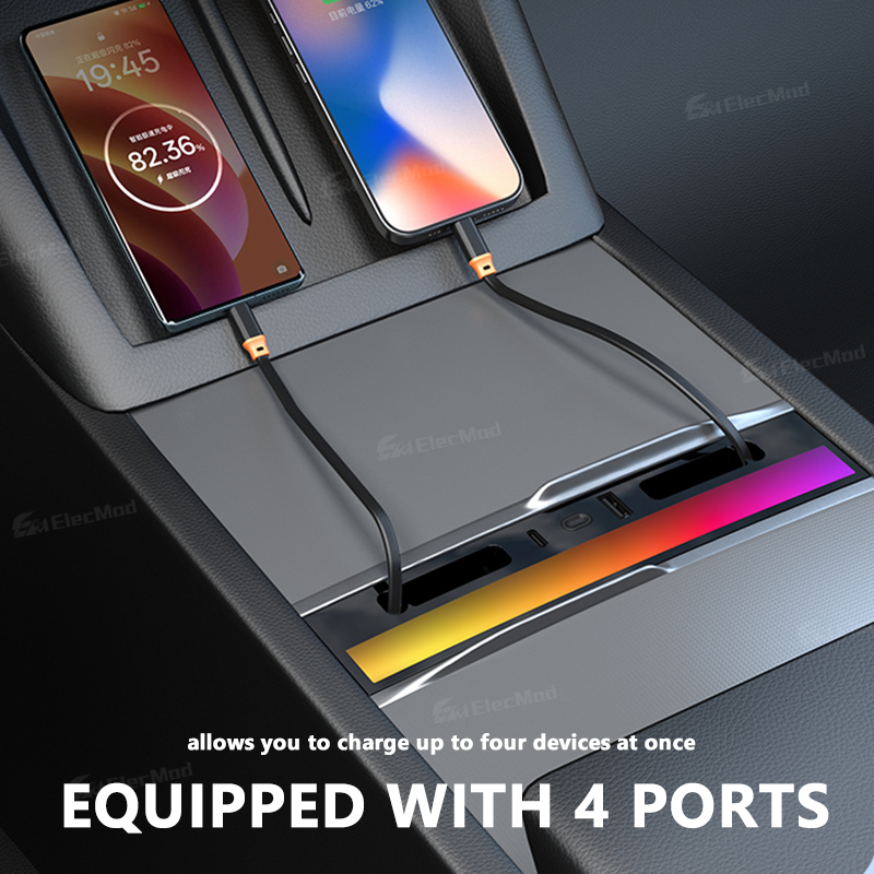ElecMod USB HUB Center Console Adapter Docking Station With Ambient Light For Model Y Juniper/Model 3 Highland