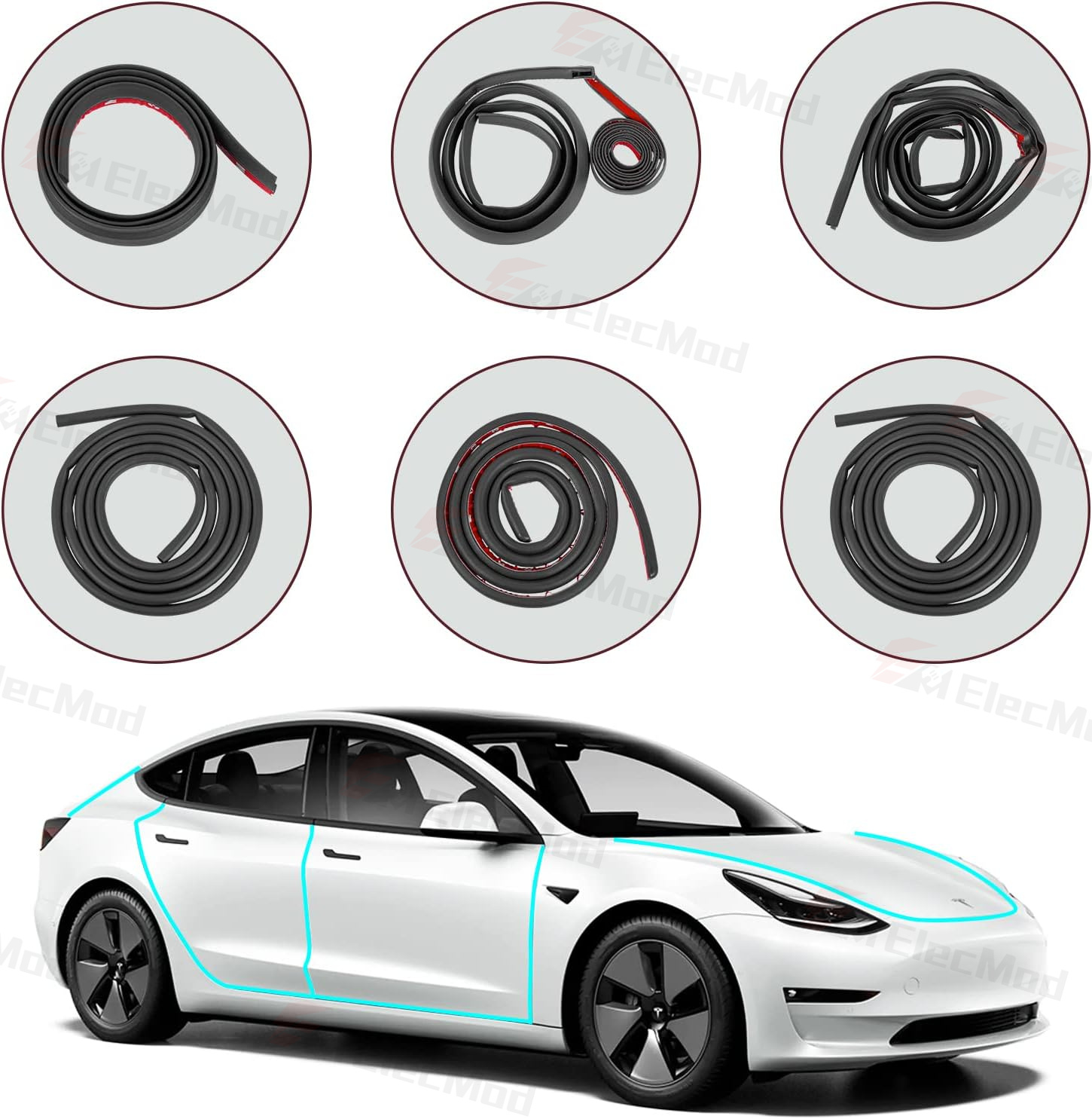 ElecMod Soundproofing Weather Strip Rubber Seal Noise Insulation For Tesla Model 3/Y Accessories
