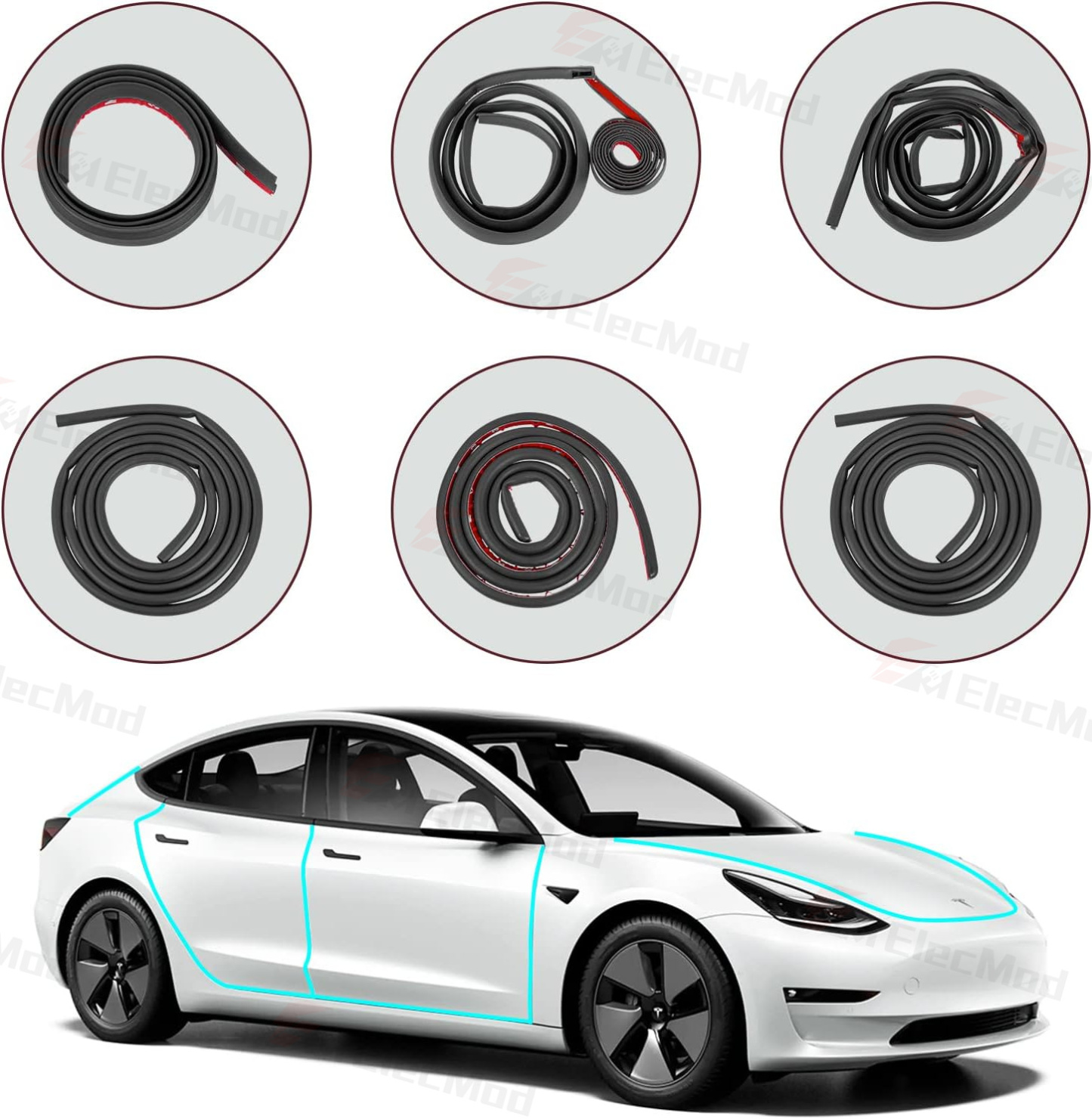 ElecMod Soundproofing Weather Strip Rubber Seal Noise Insulation For Tesla Model 3/Y Accessories