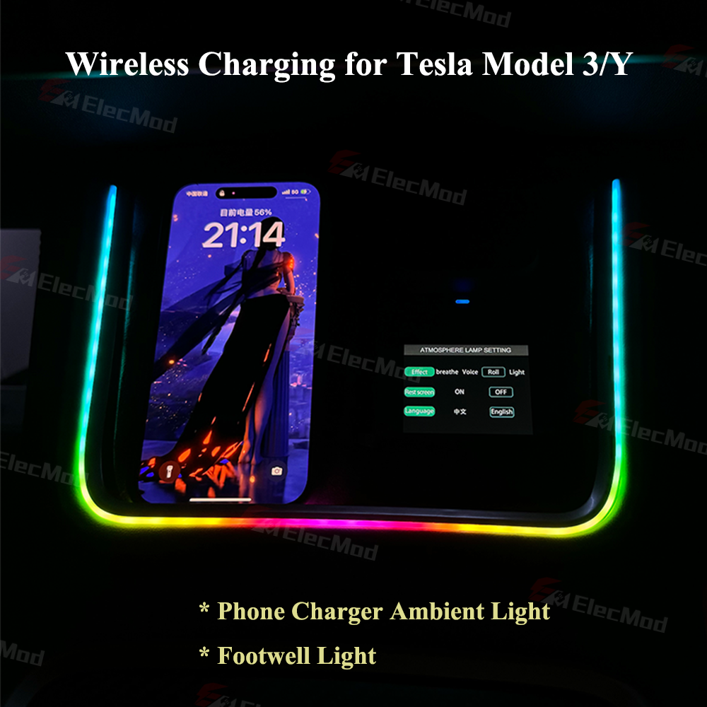 ElecMod Center Console Phone Charger Ambient Light Anti-slip Pad for Tesla Model 3/Y