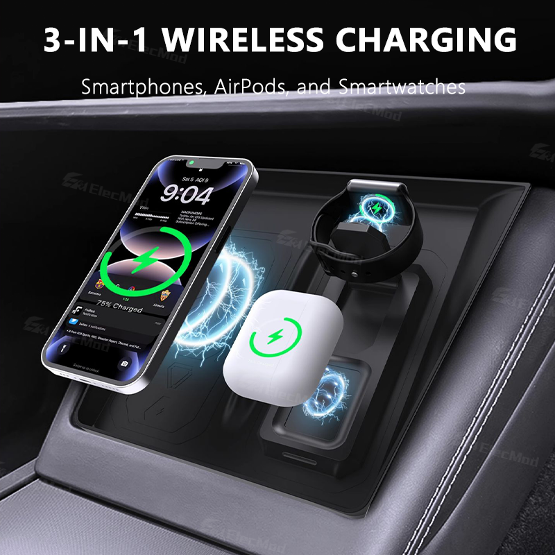 ElecMod Wireless Charging Silicone Anti-Slip Mat (3-in-1Charging) For Tesla Model 3/Y