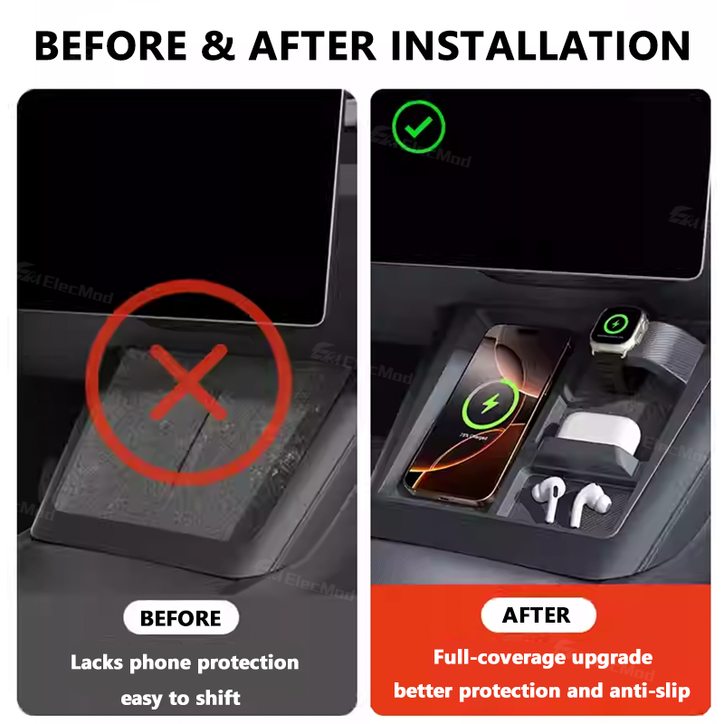 ElecMod Wireless Charging Dock Limiter & Anti-Slip Organizer (3-in-1Charging) For Model 3 Highland / Model Y Juniper