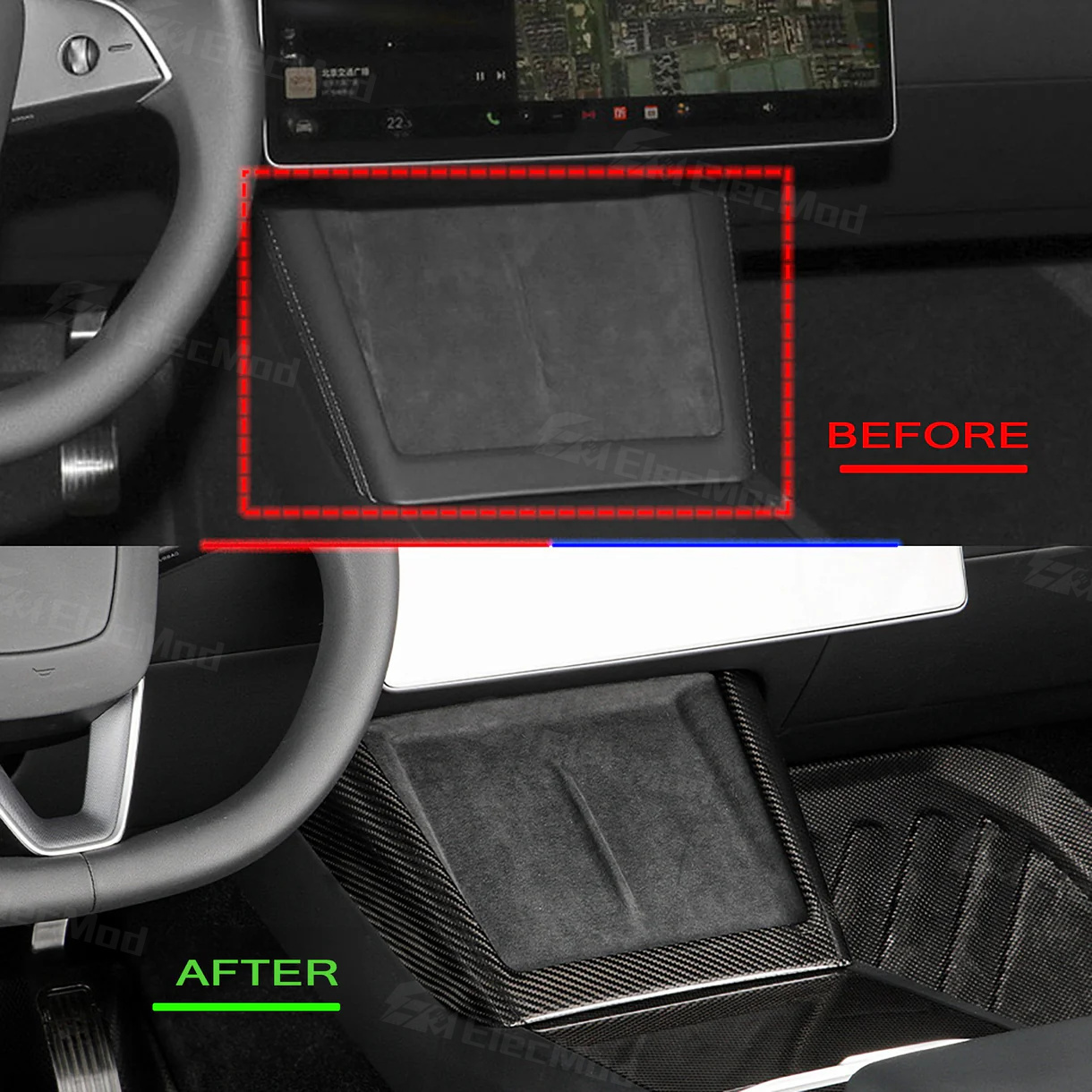 ElecMod Real Carbon Fiber Center Console Charging Frame Cover for Tesla Model 3 Highland 2024+