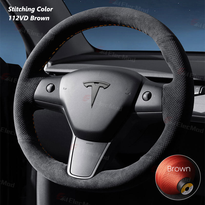 ElecMod Alcantara Hand-Stitched Steering Wheel Trim Cover For Tesla Model 3/Y