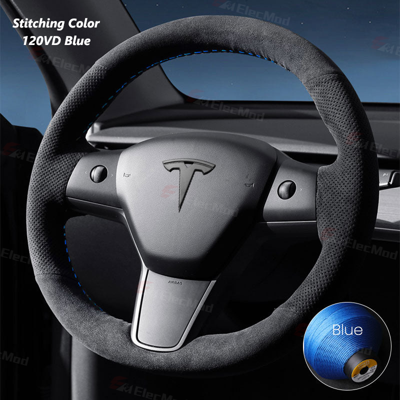 ElecMod Alcantara Hand-Stitched Steering Wheel Trim Cover For Tesla Model 3/Y