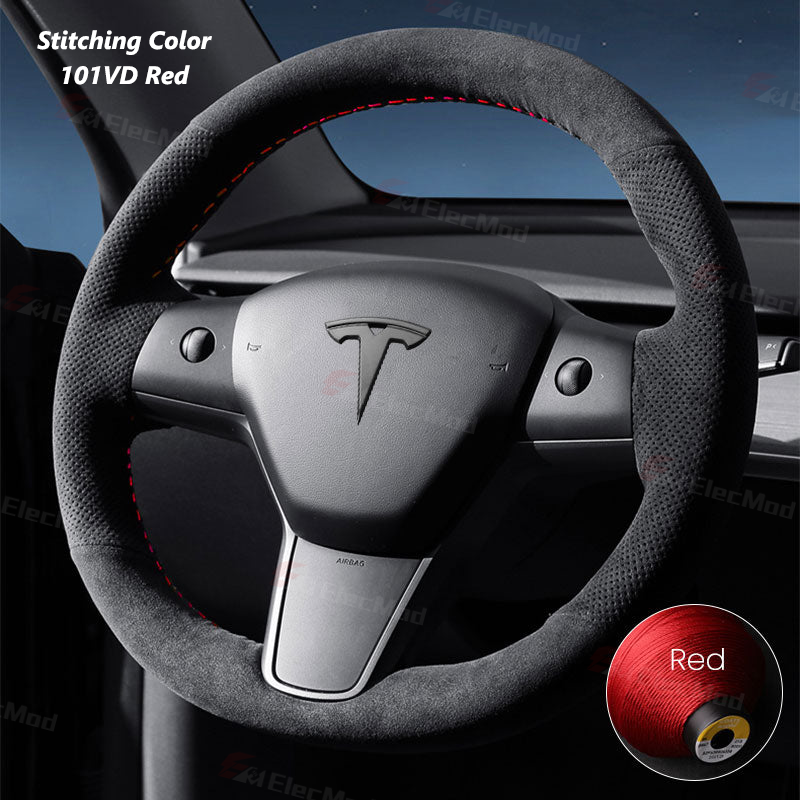 ElecMod Alcantara Hand-Stitched Steering Wheel Trim Cover For Tesla Model 3/Y