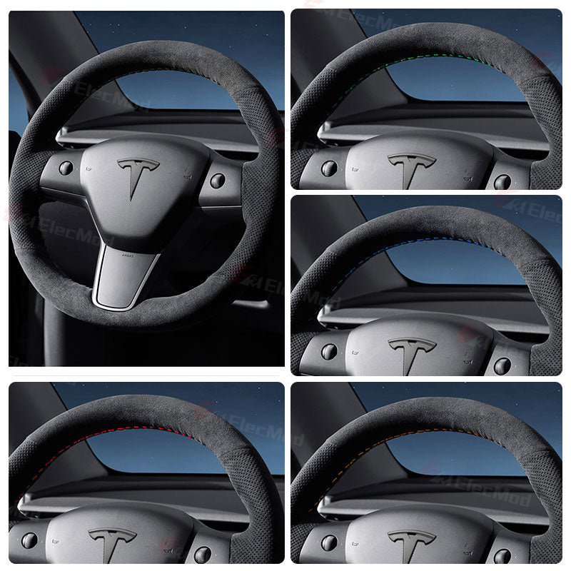 ElecMod Alcantara Hand-Stitched Steering Wheel Trim Cover For Tesla Model 3/Y