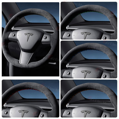 ElecMod Alcantara Hand-Stitched Steering Wheel Trim Cover For Tesla Model 3/Y