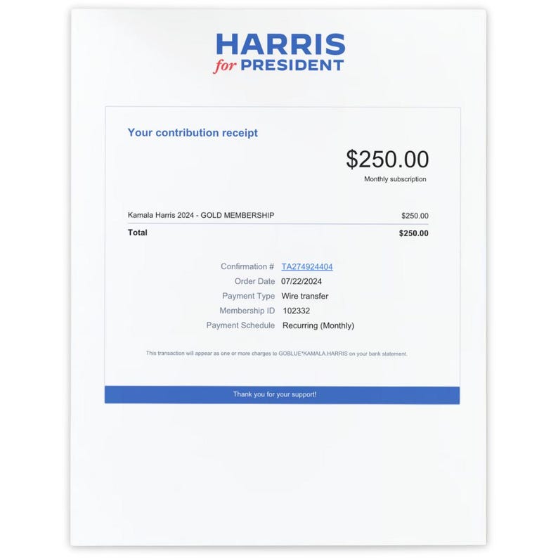 Harris 2024 Donation Receipt Gag Gift