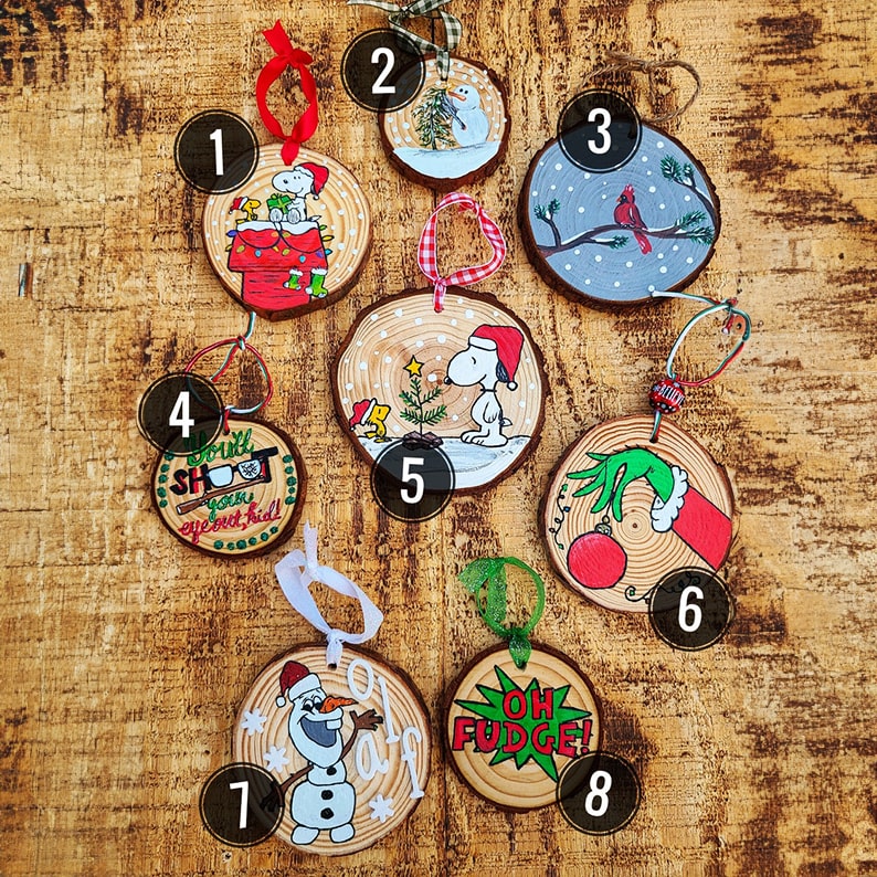 Peanuts Themed Handpainted Wood Slice Ornaments