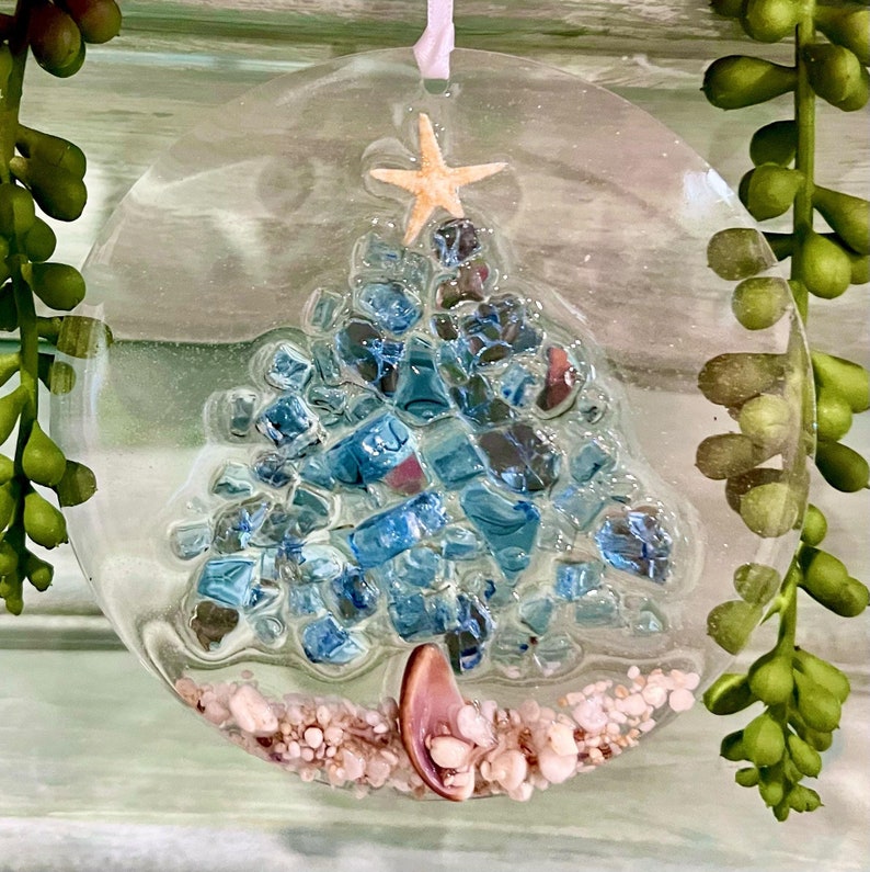 Handcrafted Starfish & Crushed Glass Christmas Tree Suncatcher