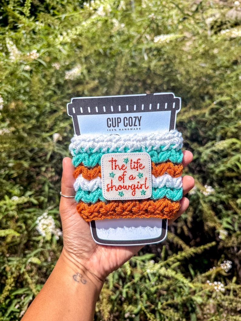 Hand-cracheted The Life of a Showgirl Cup Cozy Swiftie Gift