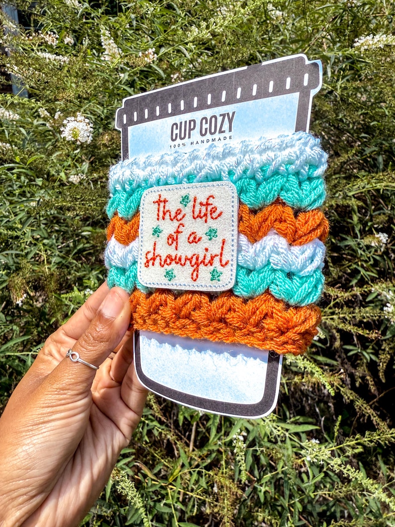 Hand-cracheted The Life of a Showgirl Cup Cozy Swiftie Gift