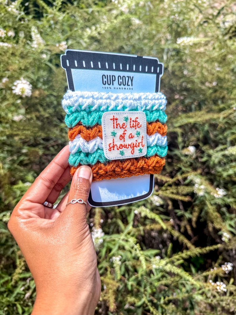 Hand-cracheted The Life of a Showgirl Cup Cozy Swiftie Gift