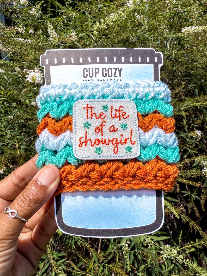 Hand-cracheted The Life of a Showgirl Cup Cozy Swiftie Gift