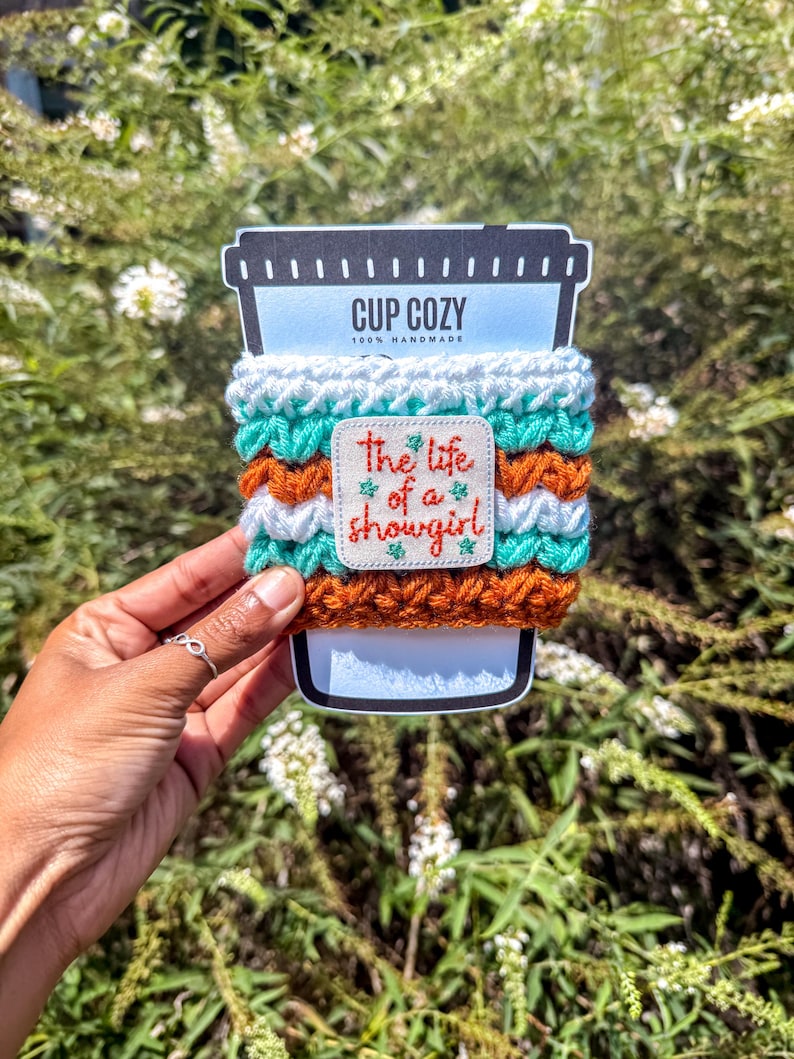 Hand-cracheted The Life of a Showgirl Cup Cozy Swiftie Gift