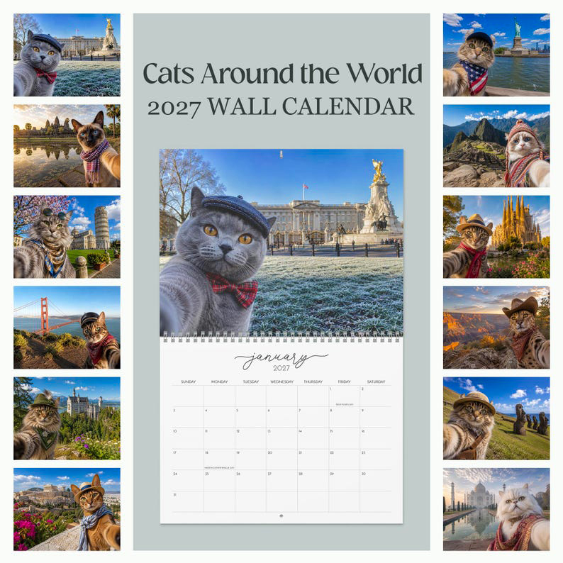 2027 Cat Around the World Funny Calendar