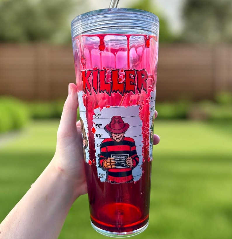 Halloween Horror Killers Mugshot Themed Blood Drip Tumbler
